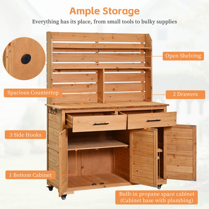Assembly Video-TOPMAX 65''H Large Garden Potting Bench with Lockable Wheel and Storage Cabinet, Wood Outdoor Kitchen Island Prep Cart with Hutch Top, Drawers and Removal Shelves for Grilling, Natural image 7