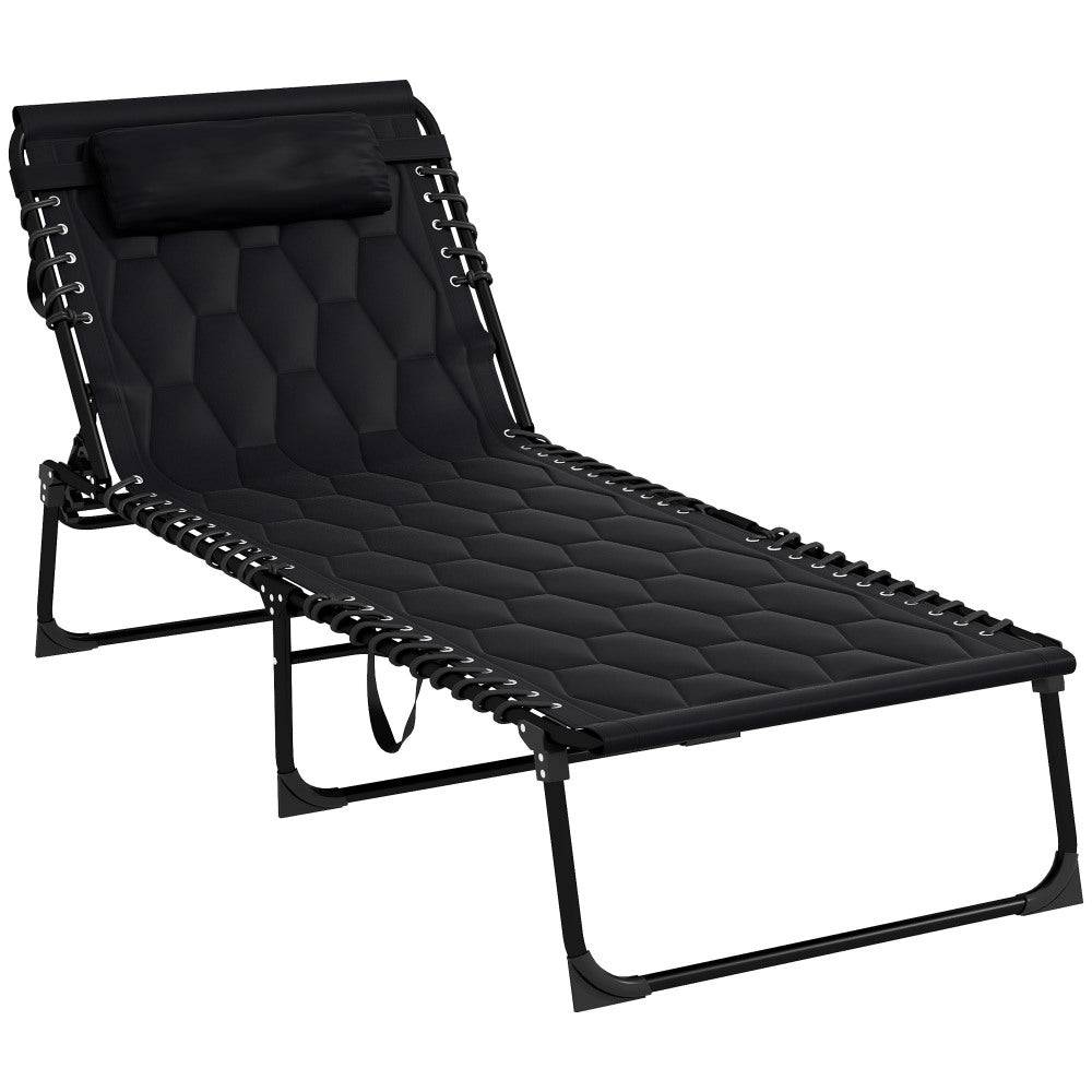 Outsunny Folding Chaise Lounge Set with 5-level Reclining Back, Outdoor Lounge Tanning Chair with Padded Seat, Side Pocket & Headrest for Beach, Yard, Patio, Black