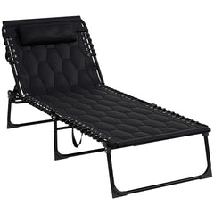 Outsunny Folding Chaise Lounge Set with 5-level Reclining Back, Outdoor Lounge Tanning Chair with Padded Seat, Side Pocket & Headrest for Beach, Yard, Patio, Black