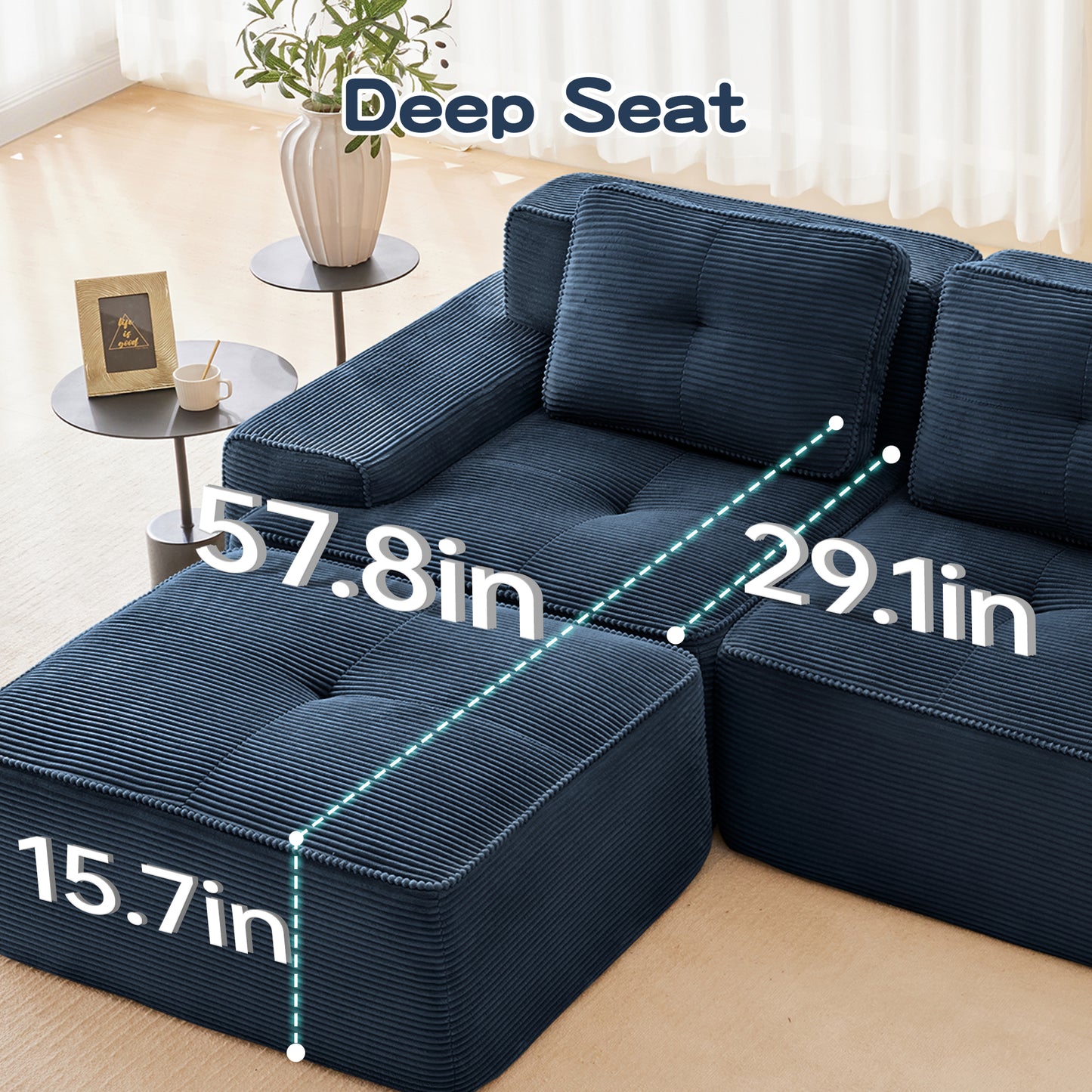 82" Modern L-Shaped Modular Sectional Sofa for Living Room, Corduroy Fabric, 2-Seater Couch with Deep Seat, Pearl-like piping, Tufted Design, No Assembly, Anti-slip Design​, Blue image 4