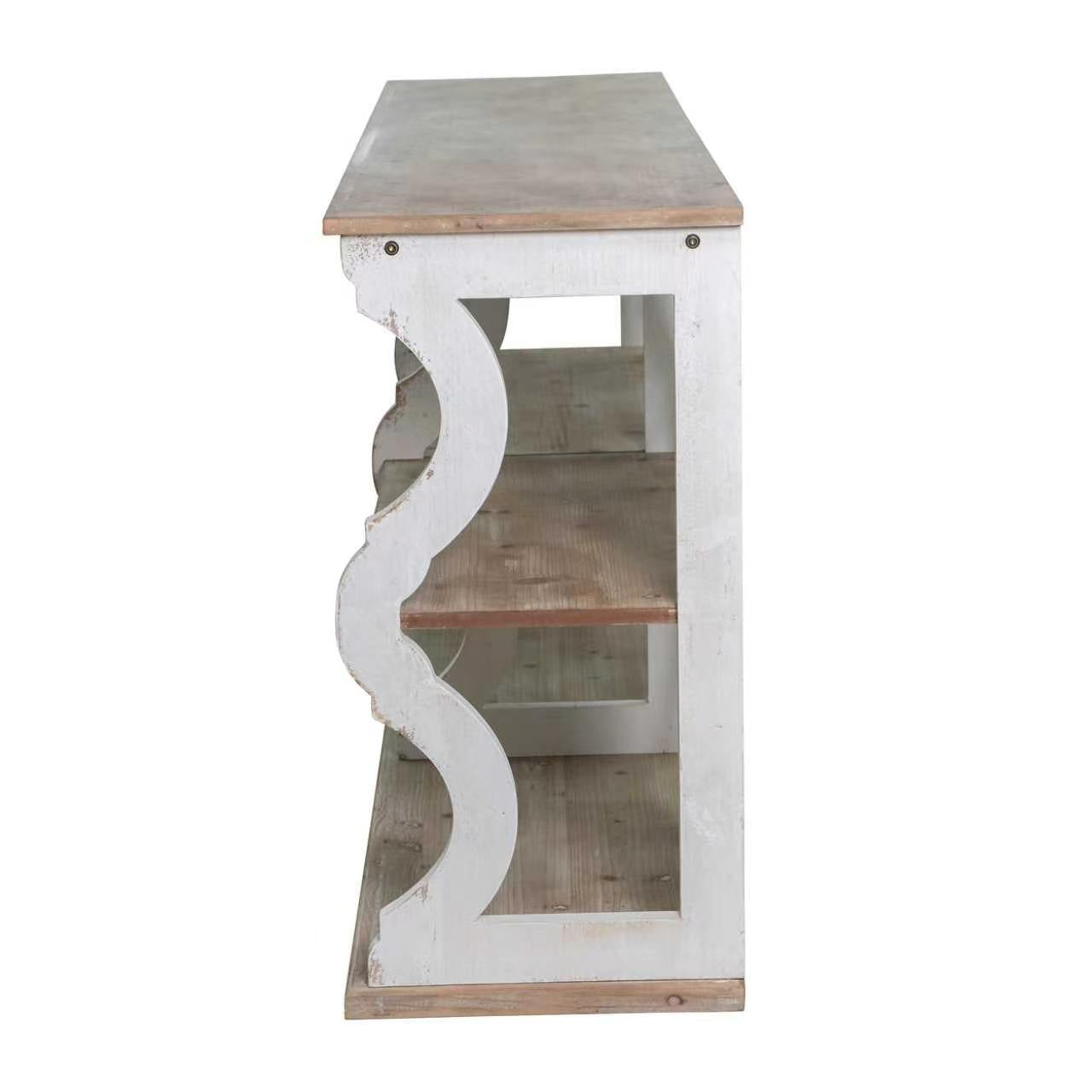64.2x16.5x33.5" Three-Tiered Wooden Console Table with Cut-Out Patterns, Brown/White image 4
