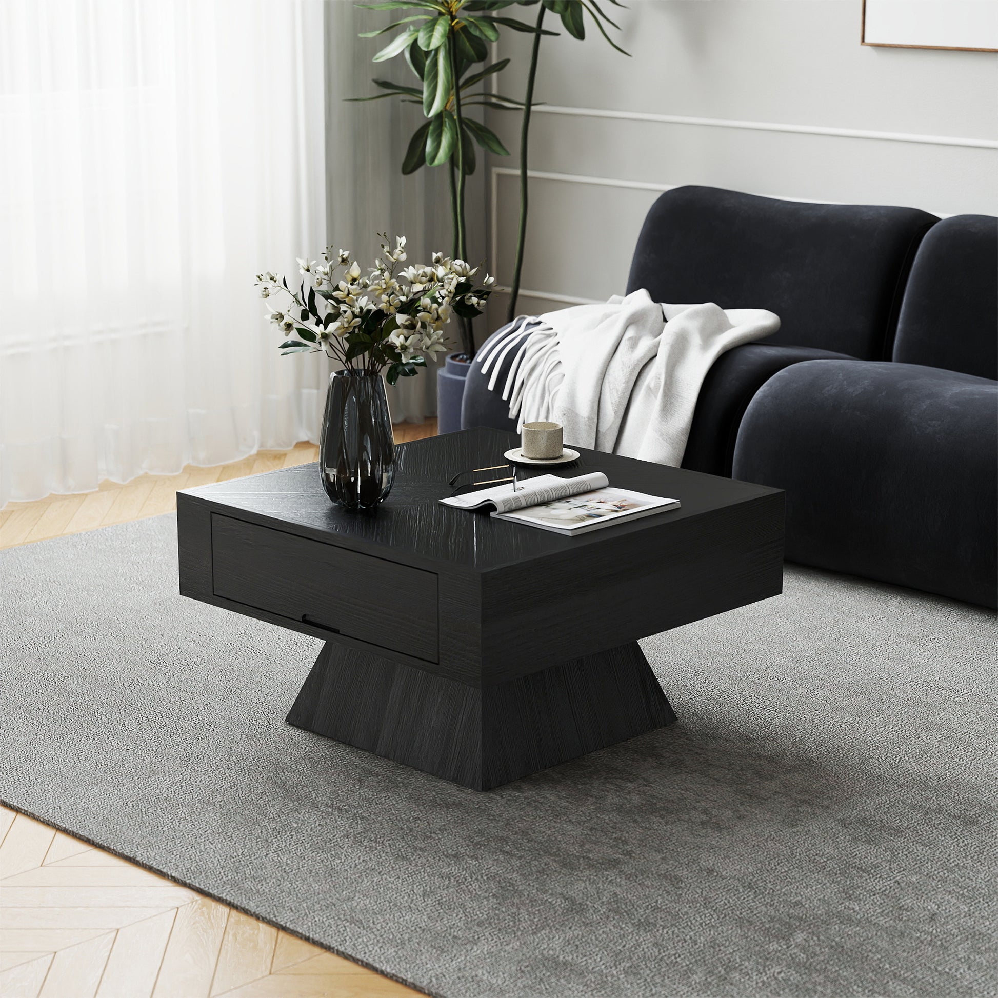Square Veneer-Top Coffee Table with Drawer, KD Pedestal Base, Weathered Natural / Pearl Black image 2