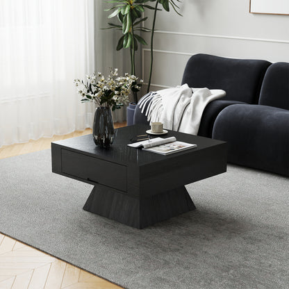 Square Veneer-Top Coffee Table with Drawer, KD Pedestal Base, Weathered Natural / Pearl Black image 2