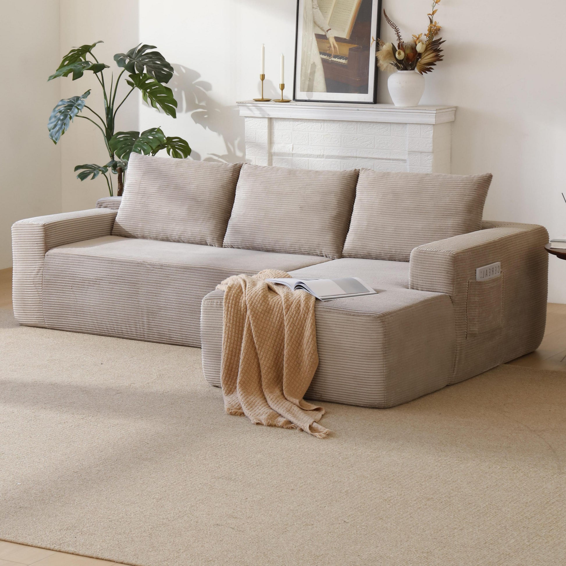 New96.9" Cloud Sectional Couch with L-Shape Chaise,Modern Modular Sofa with Deep Seat, Upholstered Couches for Living Room Bedroom,No Assembly Required, (Corduroy Fabric),Camel,Right image 1