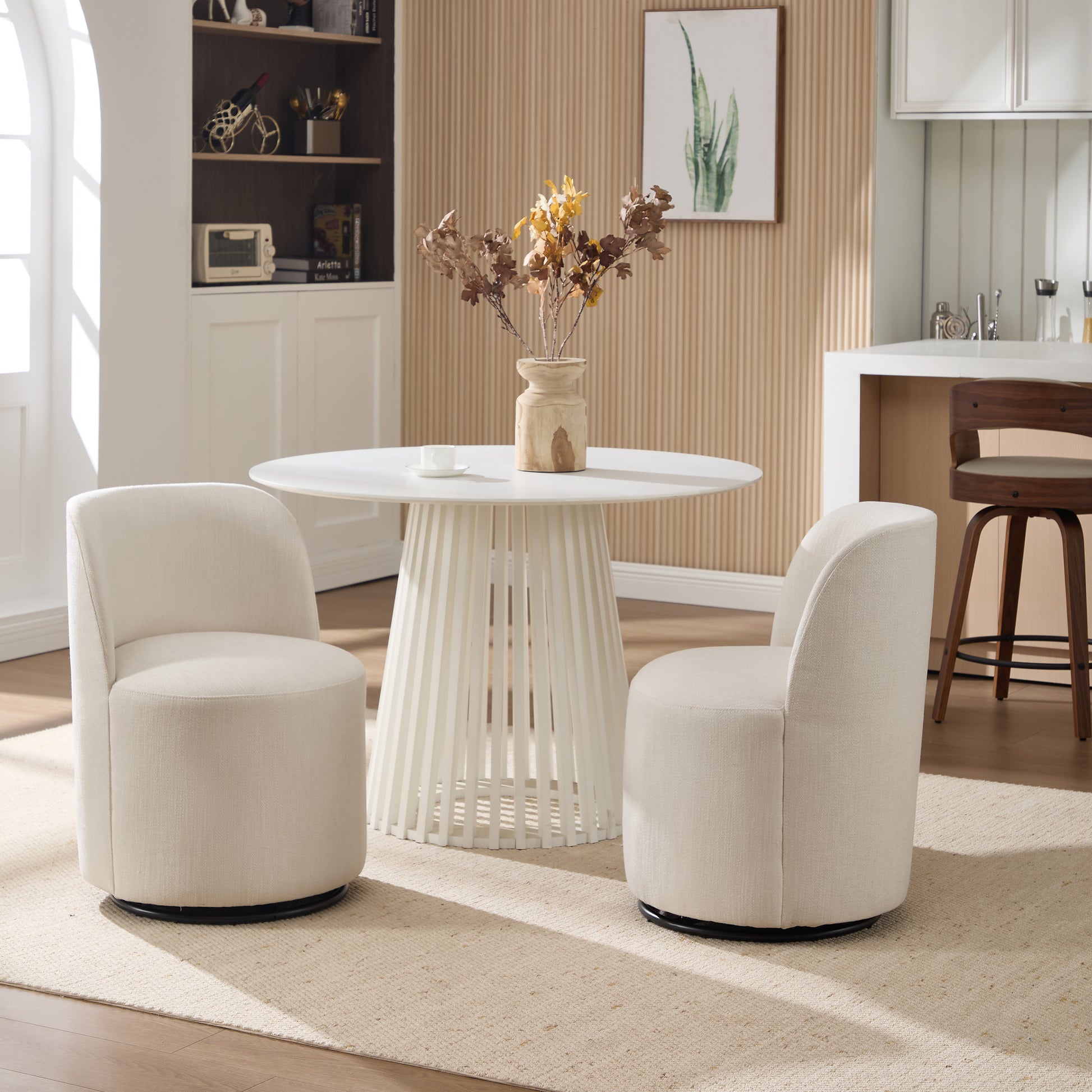 Set Of 1 Upholstered Kitchen & Dining Room Barrel Chair, Mid Century Modern Round Linen Dining Chair, 360 Degree Swivel Comfy Armless Accent Makeup Vanity Side Chair for Bedroom Living Room image 11