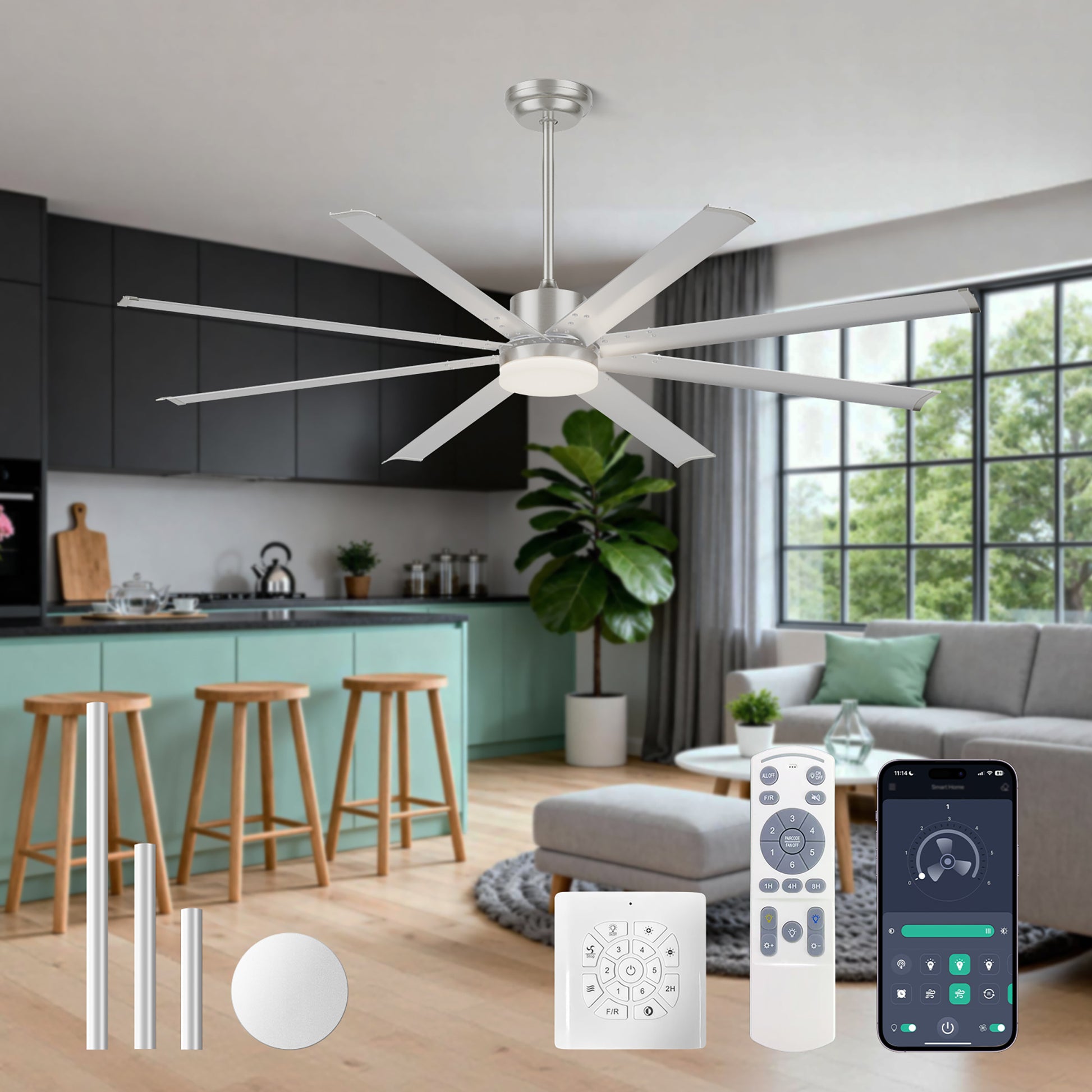 72 INCH Industrial PM DC Motor Ceiling Fan with Light, 8 PCS Aluminum Blades,6-Speed Remote Control, Adjust Height (3 Down rods) Commercial Ceiling Fan For Porch/Garage/Shop-Sliver image 2