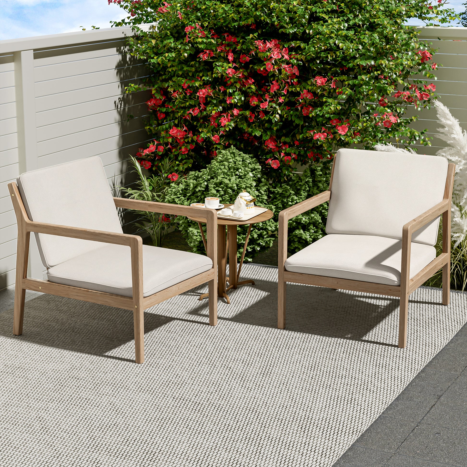 Outdoor Acacia Wood Armchair, Set of 2, Patio Club Chair with Cushions, Light Teak image 2