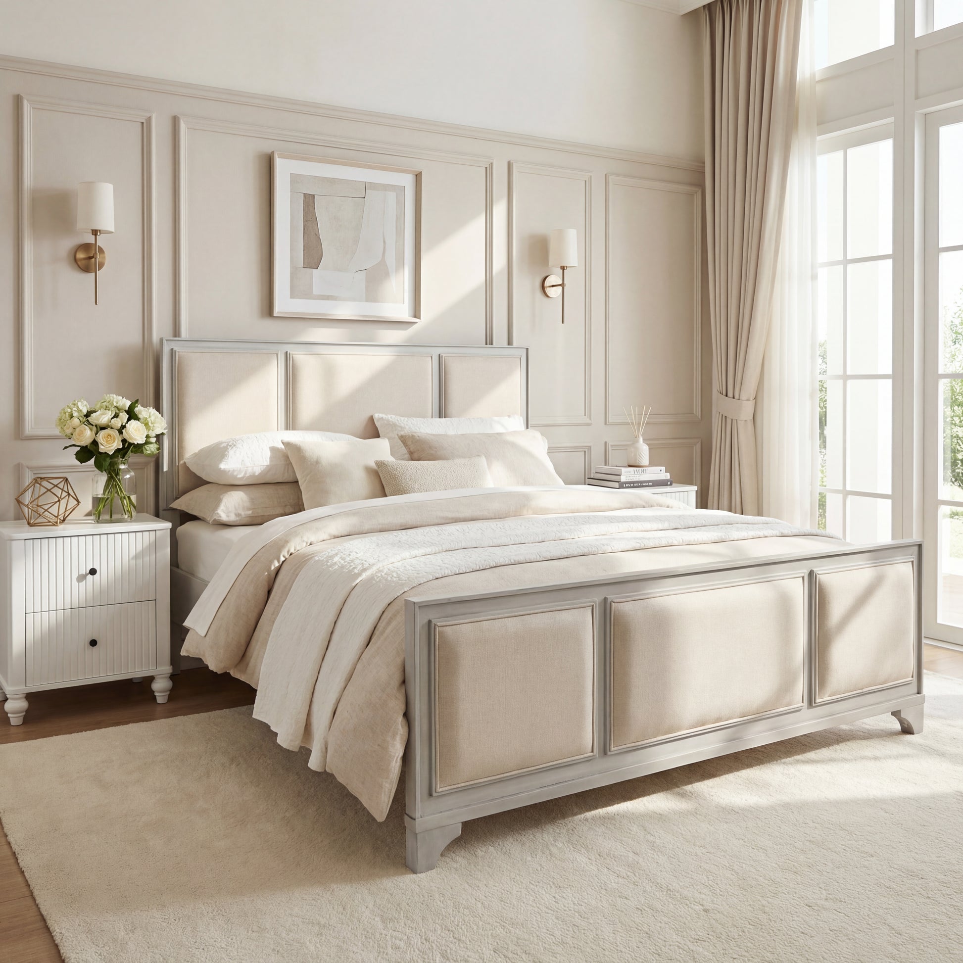 Queen Size Wooden Bed Frame with Upholstered Headboard, White Wood & Beige Fabric, Solid Wood Platform, Modern Farmhouse Style image 1