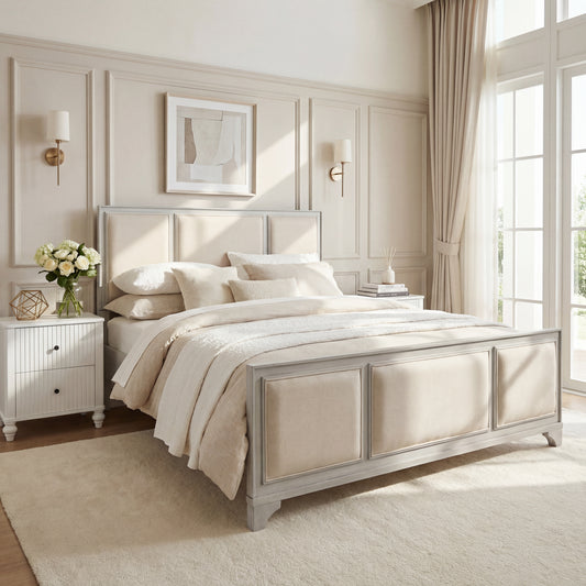 Queen size wooden bed frame with upholstered headboard white wood beige fabric front view