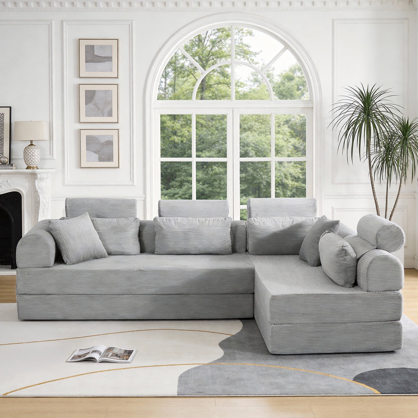 L shape Modular Sectional Sofa, Compressed Sectional Sofa Modern Minimalist Style Corduroy Couch,Unfold into a bed, Bedroom, Comfy Compressed Sofa Couch Space-Efficient Design(Light Gray) image 2