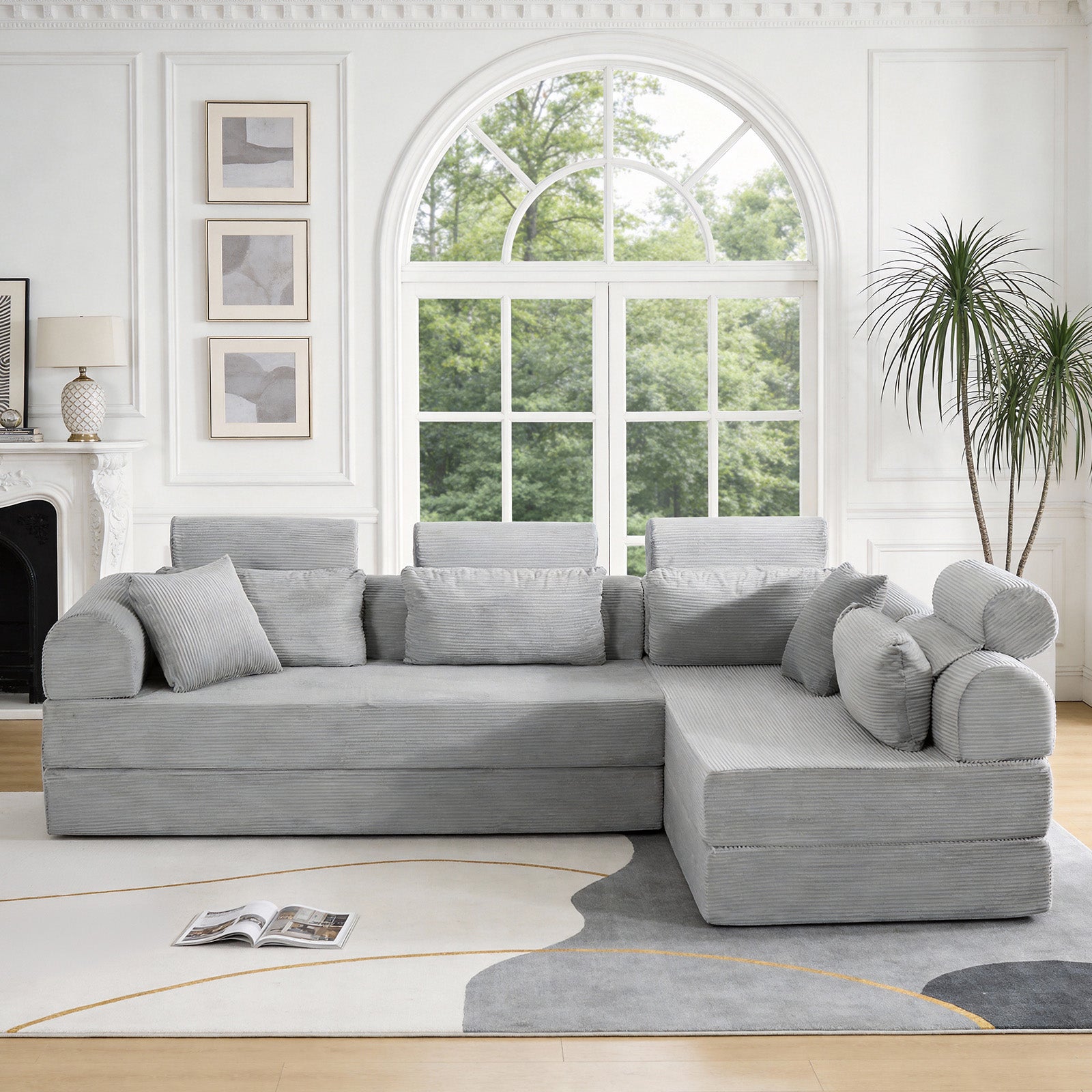 L shape Modular Sectional Sofa, Compressed Sectional Sofa Modern Minimalist Style Corduroy Couch,Unfold into a bed, Bedroom, Comfy Compressed Sofa Couch Space-Efficient Design(Light Gray) image 2