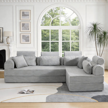 L shape Modular Sectional Sofa, Compressed Sectional Sofa Modern Minimalist Style Corduroy Couch,Unfold into a bed, Bedroom, Comfy Compressed Sofa Couch Space-Efficient Design(Light Gray) image 2