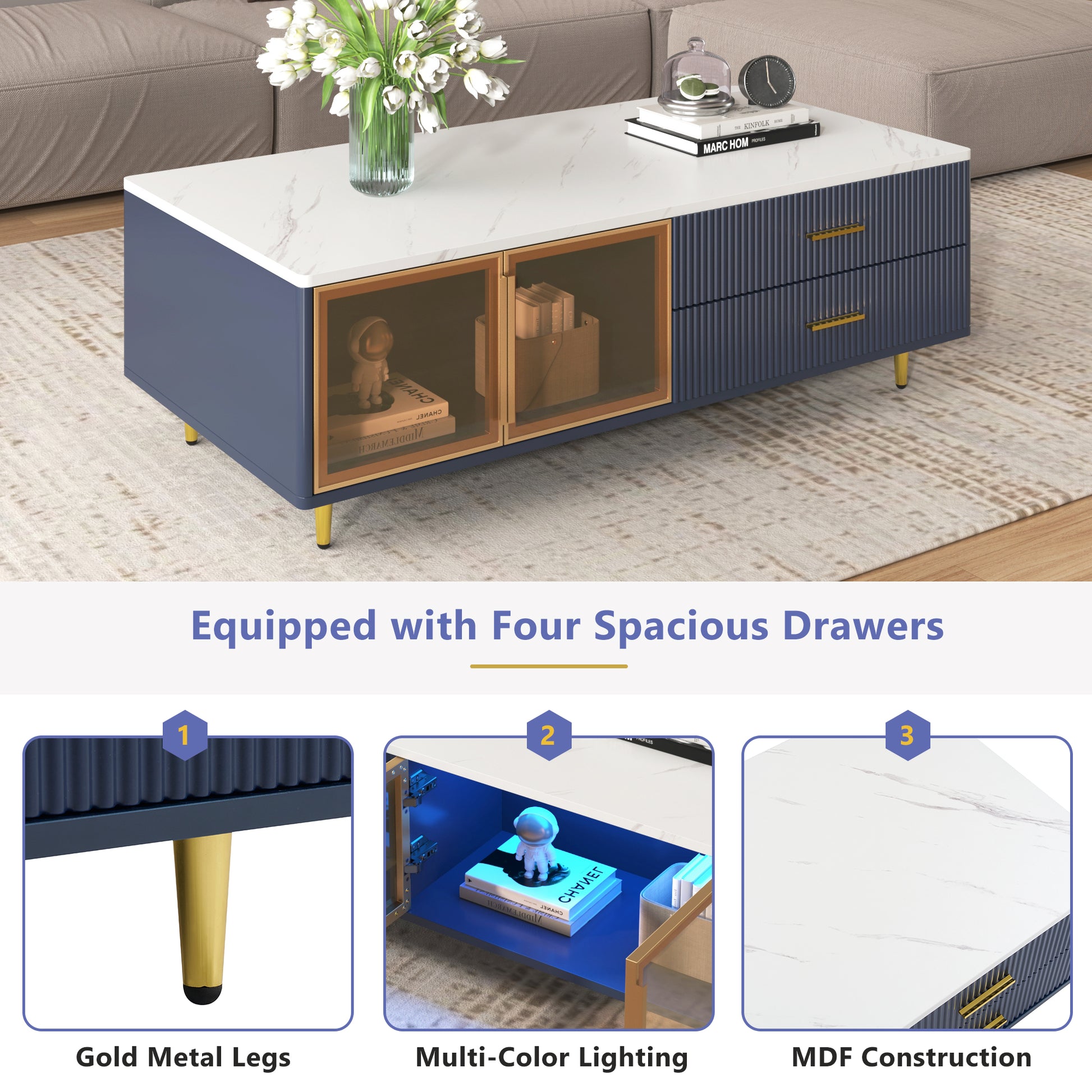 Modern Navy Blue Coffee Table with 2 Glass Door Storage, 4 Drawers, Gold Metal Legs, and Multi-Color Lighting in 47.2'' image 6