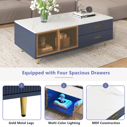 Modern Navy Blue Coffee Table with 2 Glass Door Storage, 4 Drawers, Gold Metal Legs, and Multi-Color Lighting in 47.2'' image 6