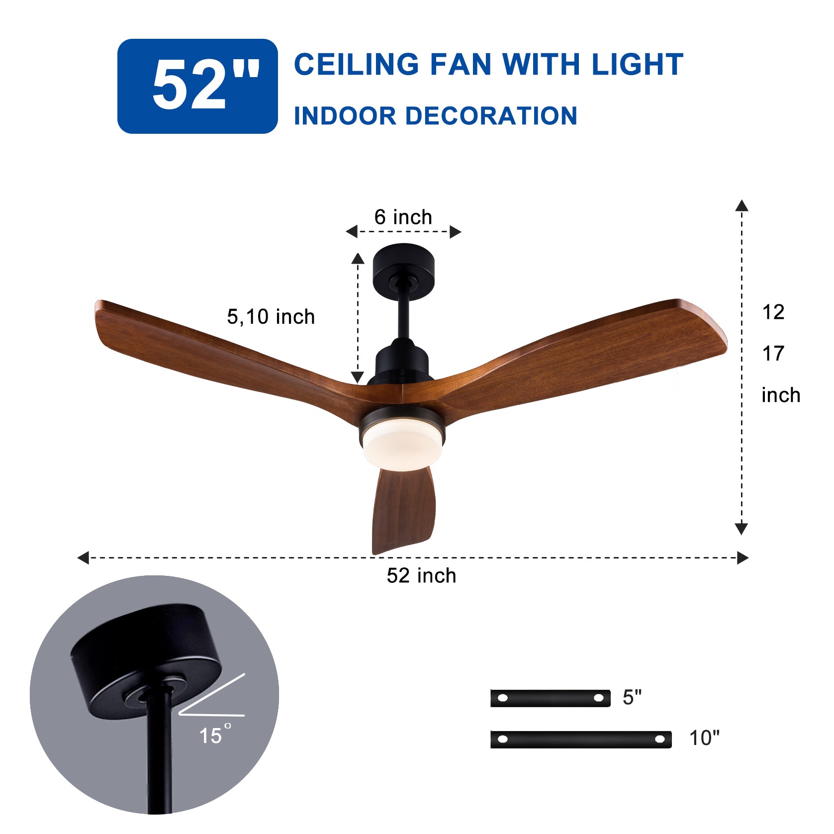 52 inch Ceiling Fan with Lights and Remote Control, Reversible, 3 Wood Blades, 6 Speeds, 3CCT Dimmable, Noiseless, Indoor/Outdoor Black Walnut Ceiling Fan for Bedroom Living Room Gazebo Patio image 10
