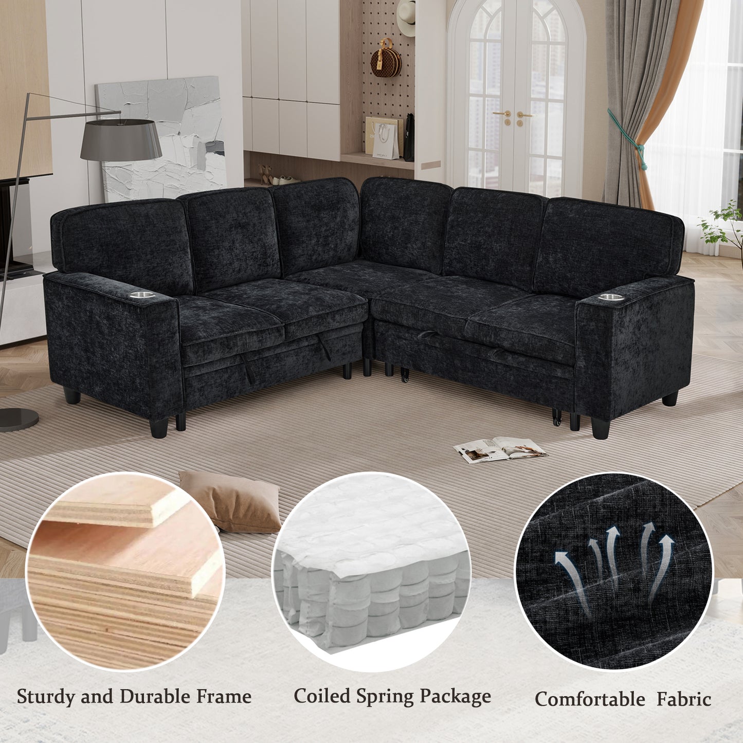 L-Shaped Sofa with Pull Out Sofa Bed, Sleeper Sofa Couch Bed with Storage Seat, 5 Seat Sectional Sofa Bed with USB, Sectional Sofa Couch for Living Room, Apartment, Charcoal Grey image 7