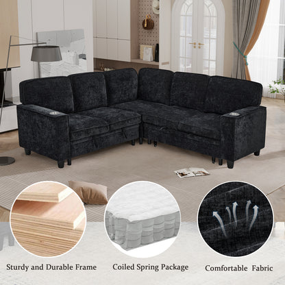 L-Shaped Sofa with Pull Out Sofa Bed, Sleeper Sofa Couch Bed with Storage Seat, 5 Seat Sectional Sofa Bed with USB, Sectional Sofa Couch for Living Room, Apartment, Charcoal Grey image 7