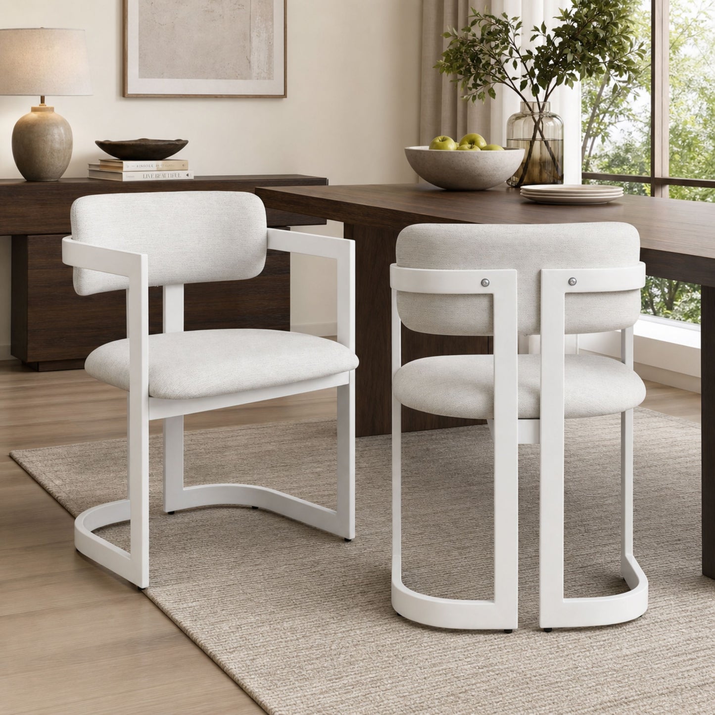 Upholstered Dining Chairs Set of 2, Fabric Armchairs with Beige Seating White Metal Frame, 265 LBS Weight Capacity image 3