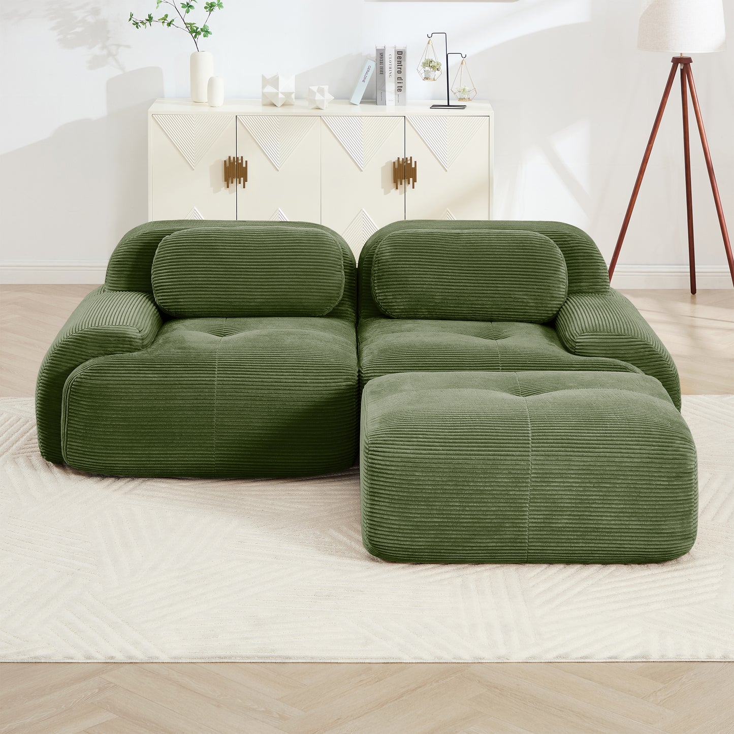 82'' L-shaped sofa in softCorduroy Fabric fabric modular design multiple combinations curved armrests assembly required high-resilience sponge suitable for living rooms rest areas bedroom,Olive green image 2