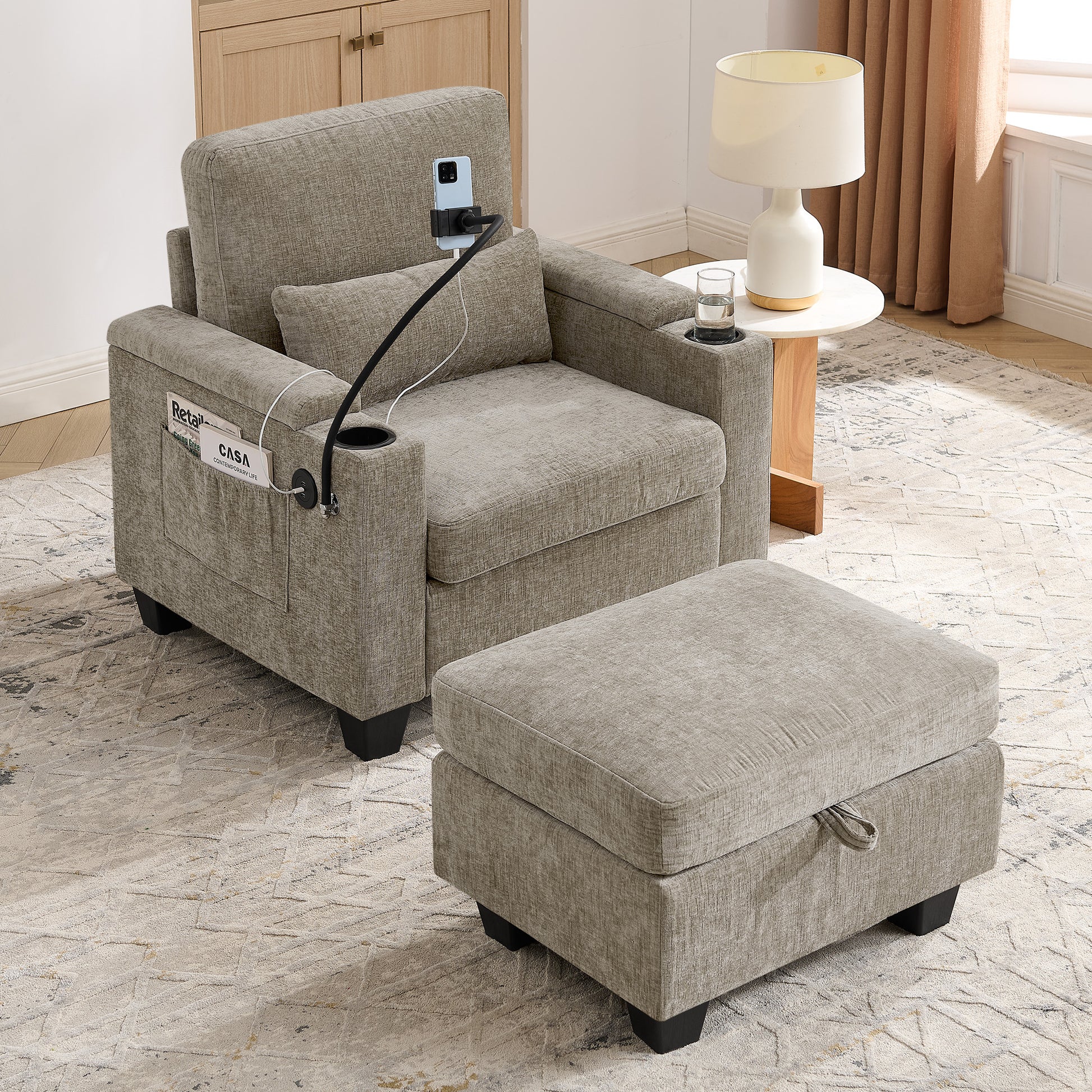 Single sofa recliner with manually adjustable backrest, USB charging port on the armrest side, phone stand included, hidden armrest storage, and a matching storage ottoman-Brown image 2