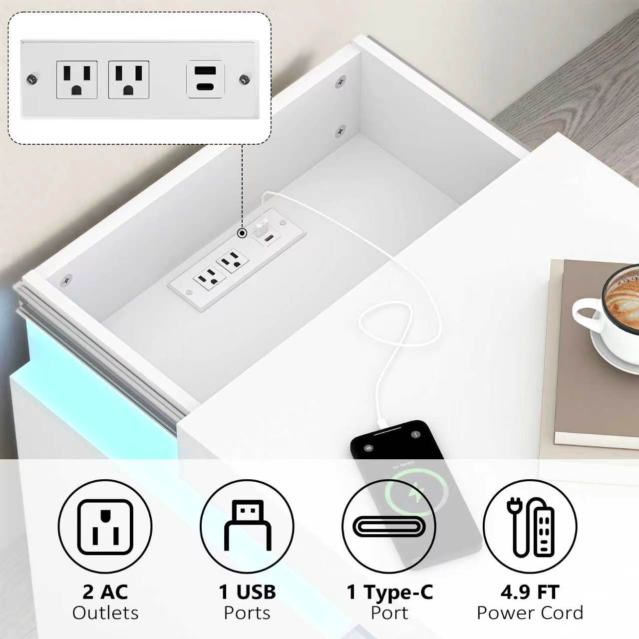 (Set of 2) White Nightstand Set of 2 with Charging Station & LED Lights, Fluted Wave Panel Bedside Table with Sliding Top Hidden Storage, Night Stand for Bedroom Living Room image 4