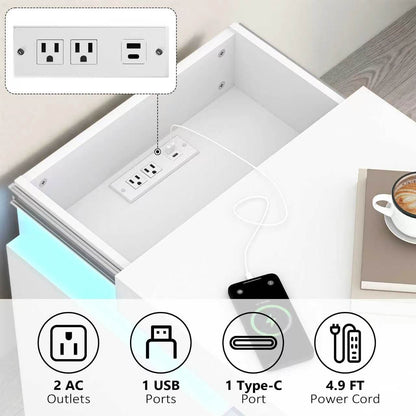 (Set of 2) White Nightstand Set of 2 with Charging Station & LED Lights, Fluted Wave Panel Bedside Table with Sliding Top Hidden Storage, Night Stand for Bedroom Living Room image 4