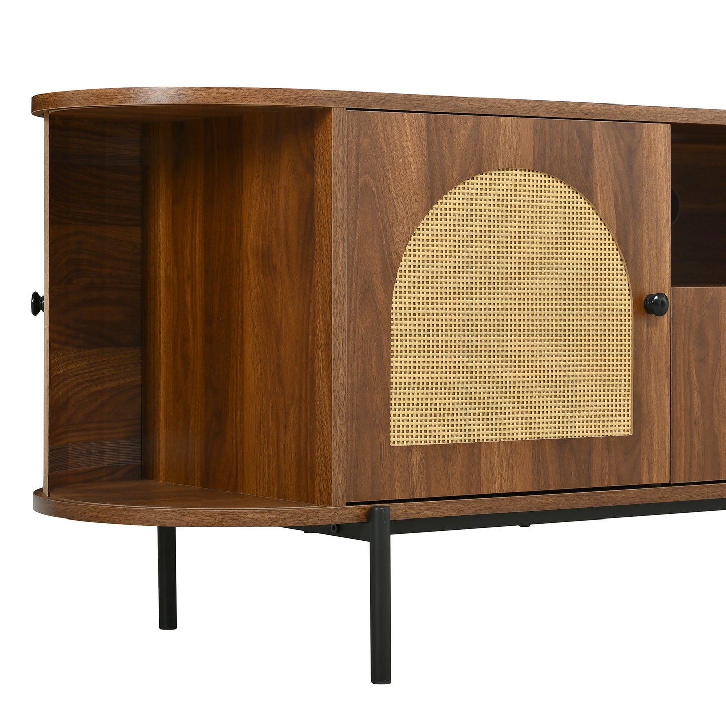 U-Can American Style TV Stand with Rattan Arched Doors, Drawers, Hidden Storage, Steel Legs, Rounded Corners image 10