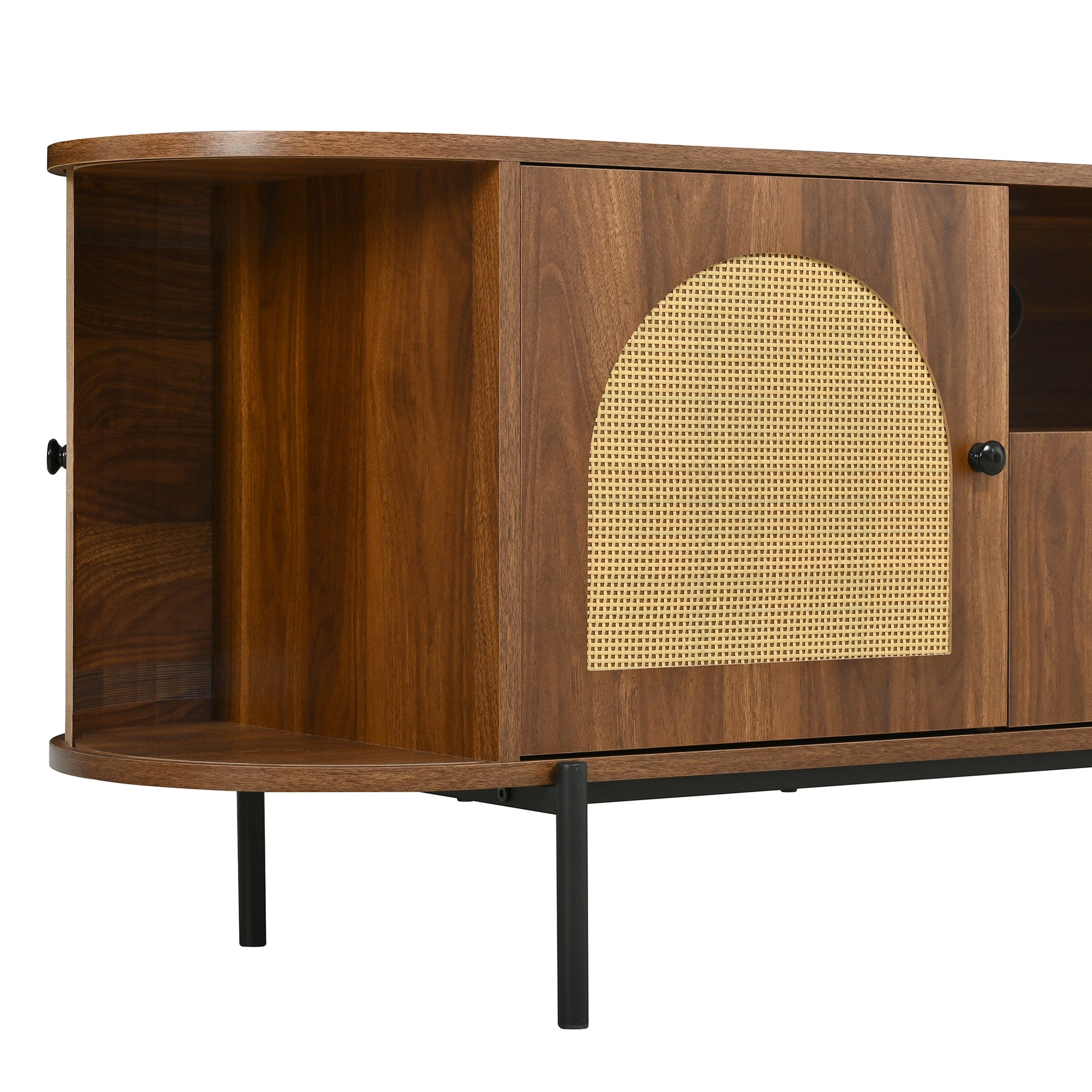 U-Can American Style TV Stand with Rattan Arched Doors, Drawers, Hidden Storage, Steel Legs, Rounded Corners image 10