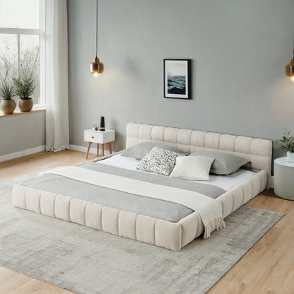 California King size Upholstered Bed Frame with Thick Fabric, Chenille Fabric Grounded California King Platform Bed with Headboard and Solid Frame. No Box Spring Needed-Beige(90.5''*80.5''*31'') image 3