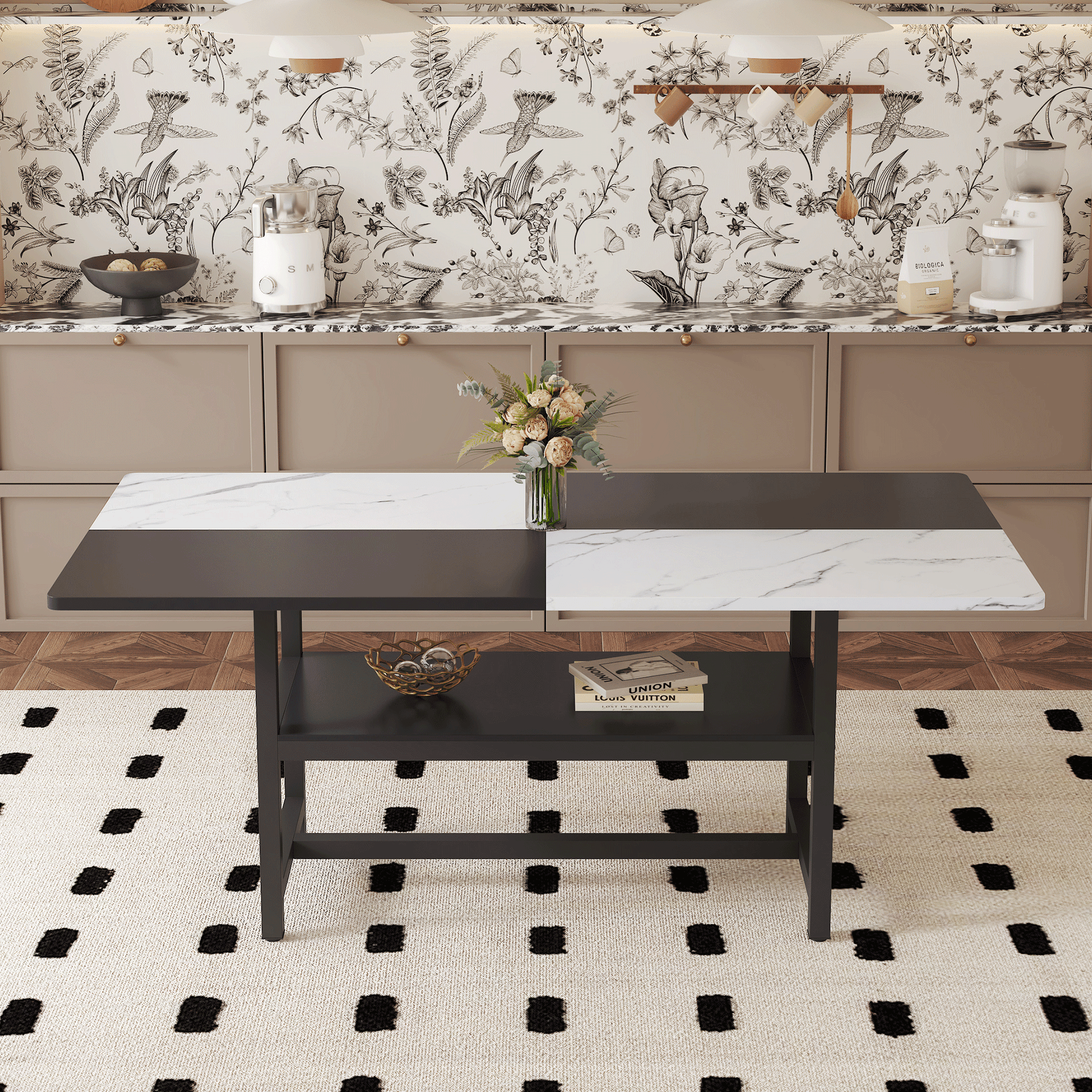 71 inch long two-color splicing fashionable dining table, a practical choice to add color to the home.Making it perfect for both family gatherings and friend parties.Black Sprayed Metal Table Legs. image 3