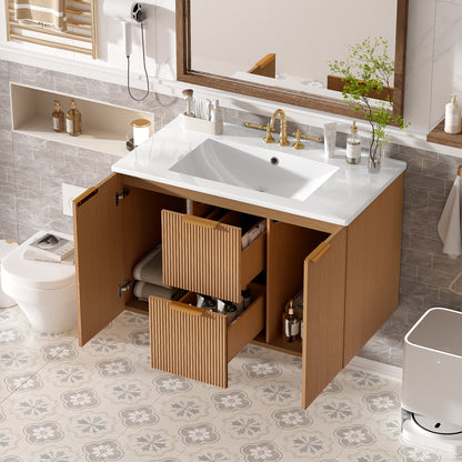 [Video]36 Inch Single Sink Bathroom Vanity with ceramic Top, MDF Cabinet, Soft Close Doors, Divided Drawers, Wall-Mounted Modern Storage Vanity image 3