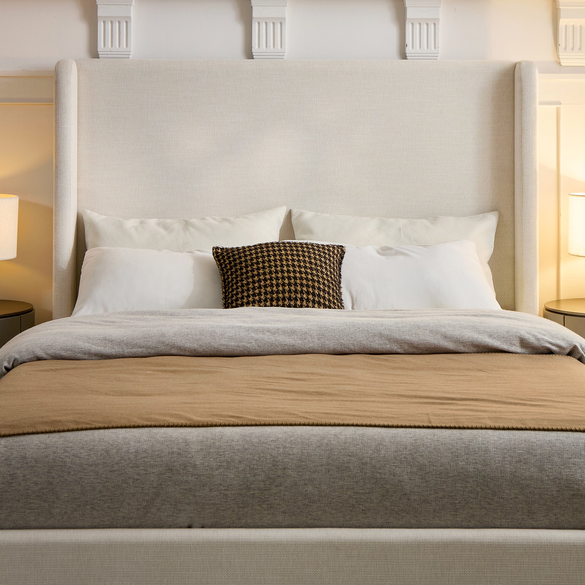 Carmen Upholstered Wingback Bed / Upholstered Platform Bed Frame / 52" High Headboard / Simplicity / Minimalist / No Box Spring Needed / California King / Textured Ivory Canvas / No Noise image 5