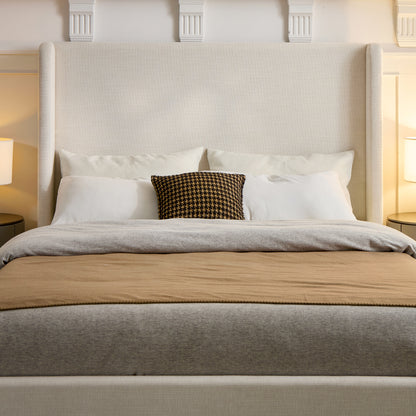 Carmen Upholstered Wingback Bed / Upholstered Platform Bed Frame / 52.3" High Headboard / Simplicity / Minimalist / No Box Spring Needed / Easy Assembly / King/ Textured Ivory Canvas Chenille/No Noise image 4