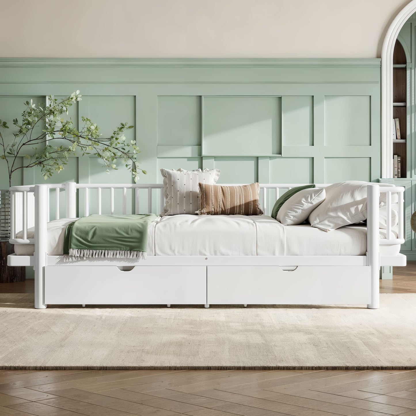 Queen Size Platform Bed with Storage Drawers, Metal Daybed Frame with Upgraded Safety Round-Pipe Design, Low Profile Design, White image 3