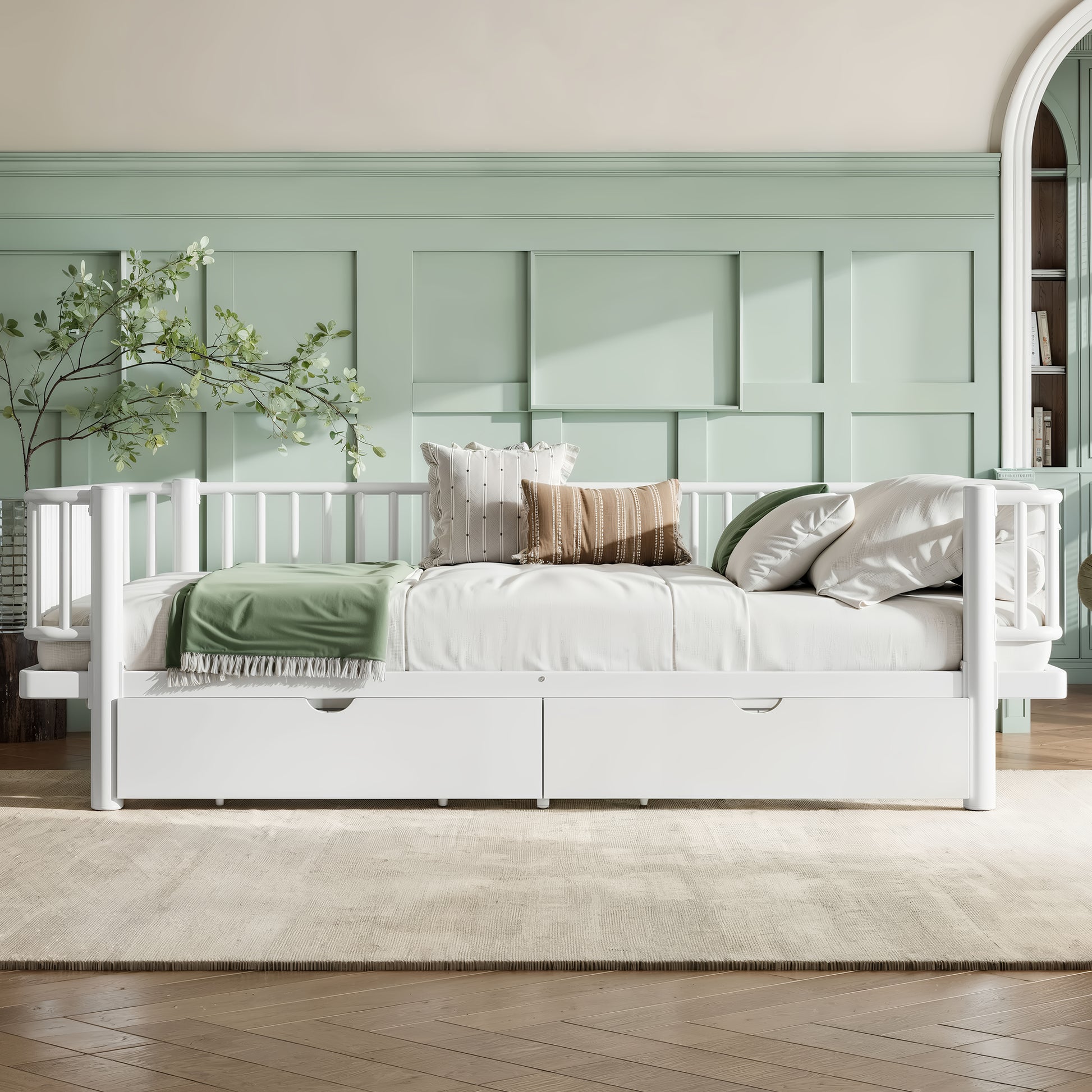 Queen Size Platform Bed with Storage Drawers, Metal Daybed Frame with Upgraded Safety Round-Pipe Design, Low Profile Design, White image 3