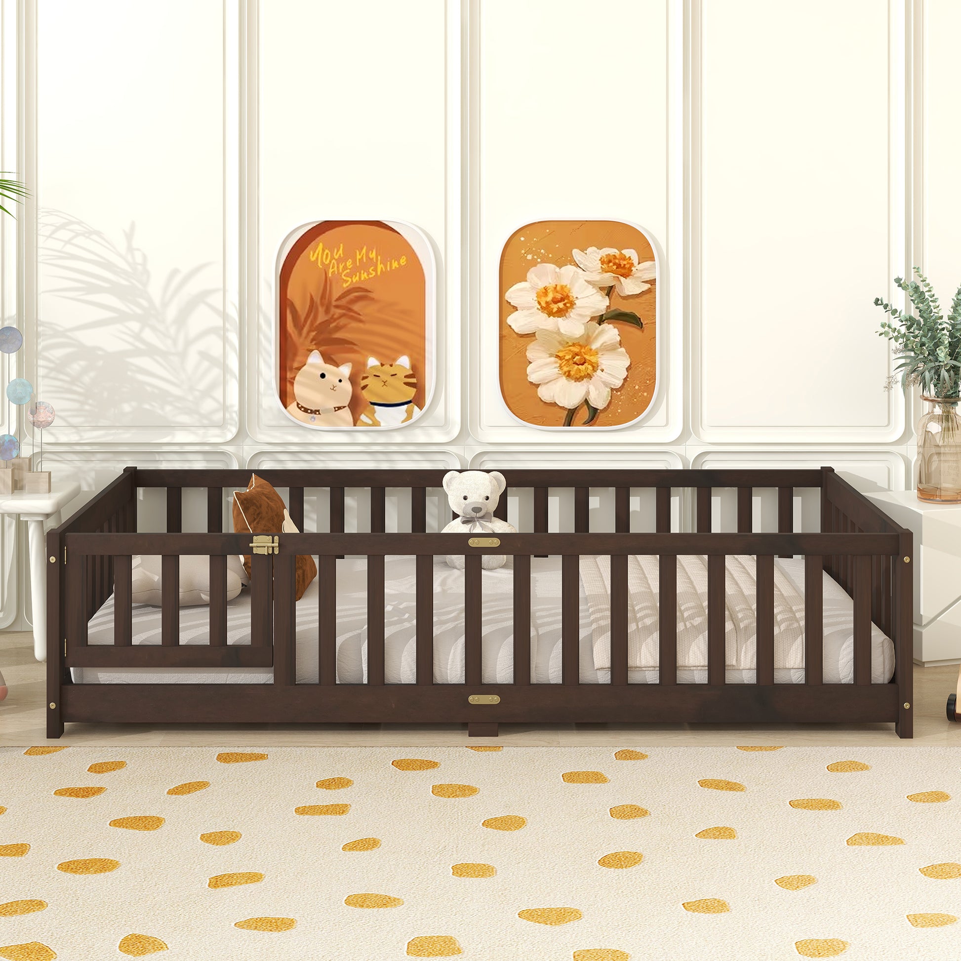 Twin Size Floor Bed with Fence and Door,Rubber Wood Floor Bed with Safety Guardrails,Espresso (Old Sku W504P286375) image 8