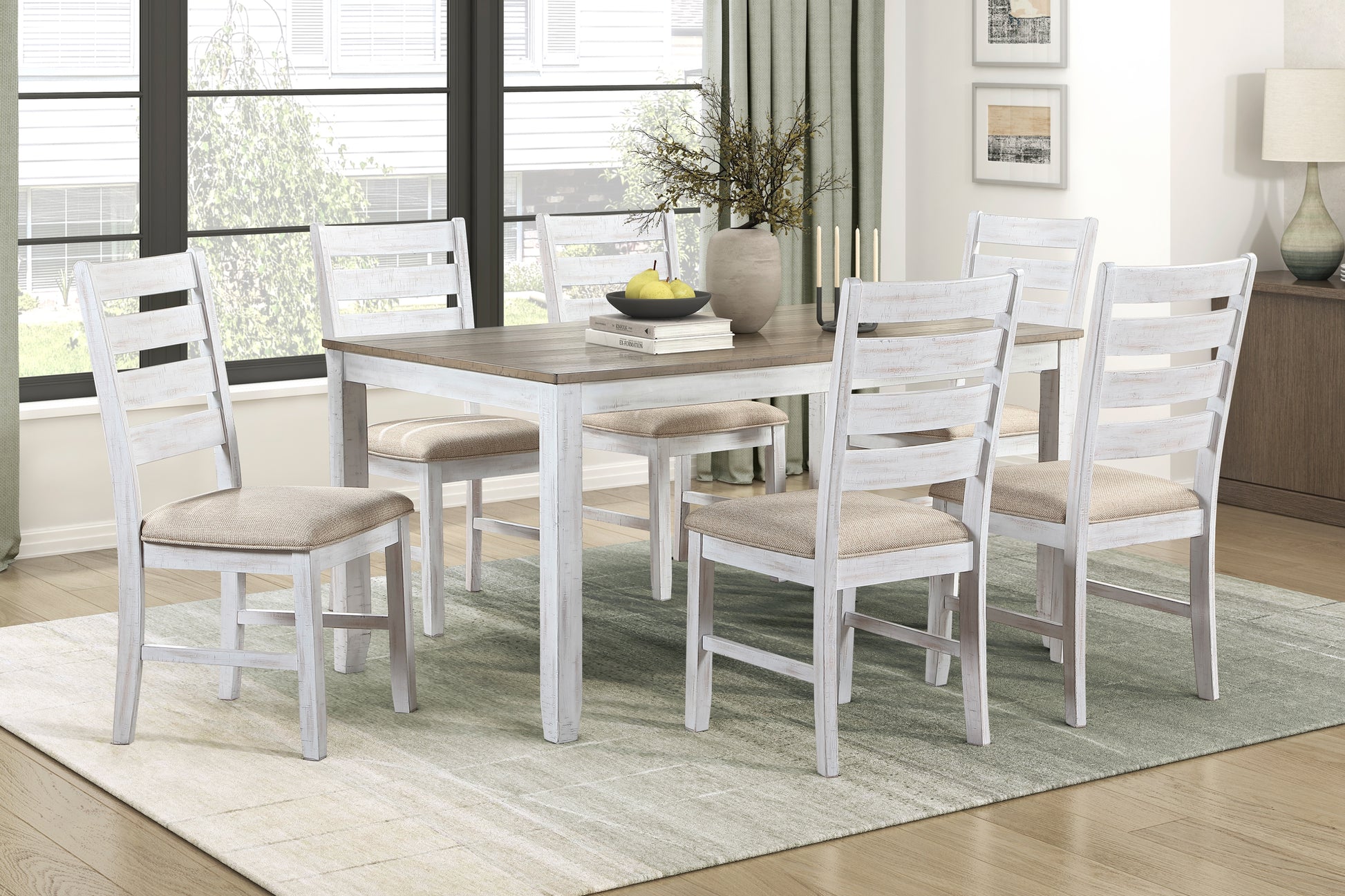 Rustic Transitional 7pc Dining Set Table 6x Side Chairs Beige Upholstered Brown White Wooden Kitchen Furniture image 1