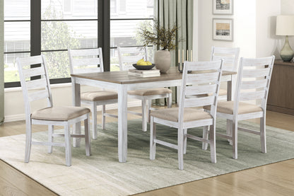 Rustic Transitional 7pc Dining Set Table 6x Side Chairs Beige Upholstered Brown White Wooden Kitchen Furniture image 1
