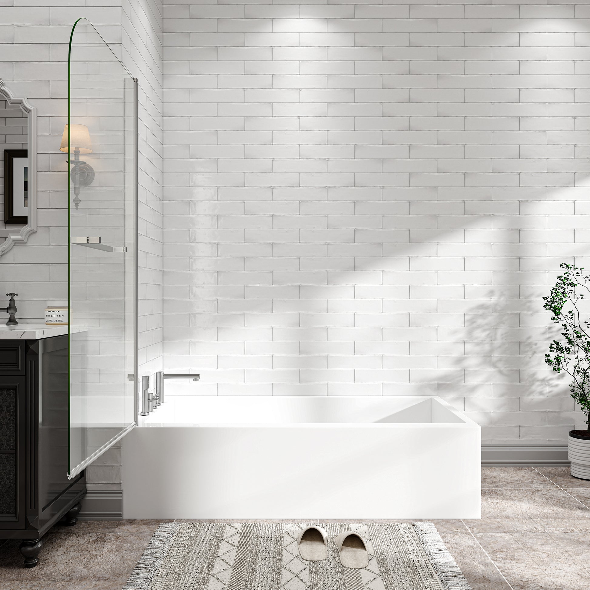 31"-32" W x 55" H Brushed Nickel Flexible 180° Pivot Shower Door Reversible Installation Frameless Bathtub Screen,1/4"(6MM) Tempered Glass With Nano Easy Cleaning And Stick Explosion-proof Membrance image 5