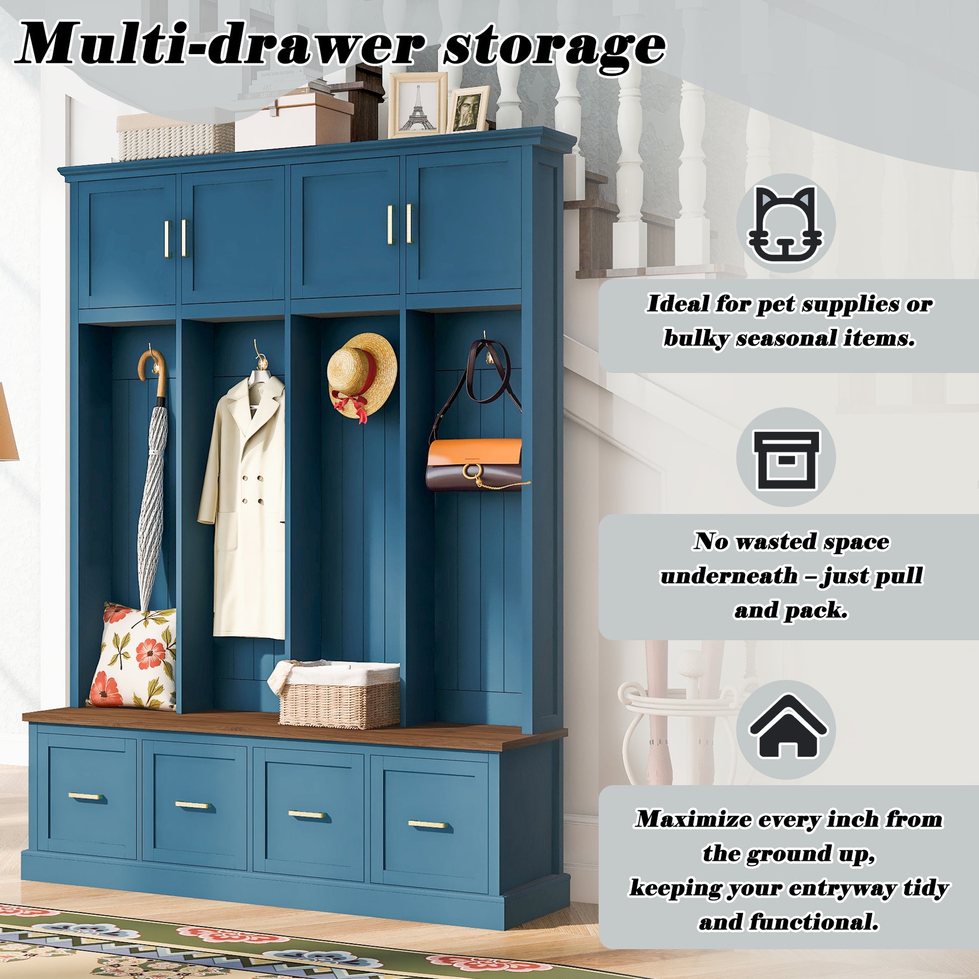 U-Can Farmhouse Entryway Hall Tree with Coat Hooks, Cabinets, and Drawers image 10