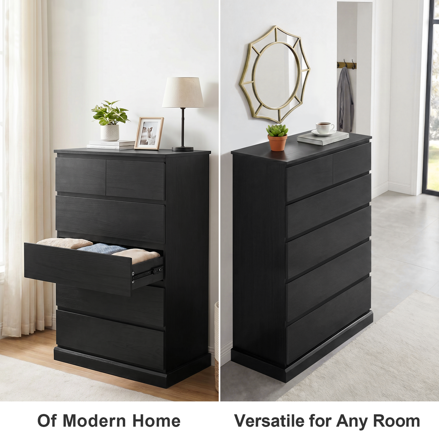 6 Drawers Dresser for Bedroom, Tall Dresser for Bedroom, Modern Chest of Drawers with Concealed Handles, Vertical Wood Storage Cabinet for Bedroom, Living Room, Entryway, Black image 10
