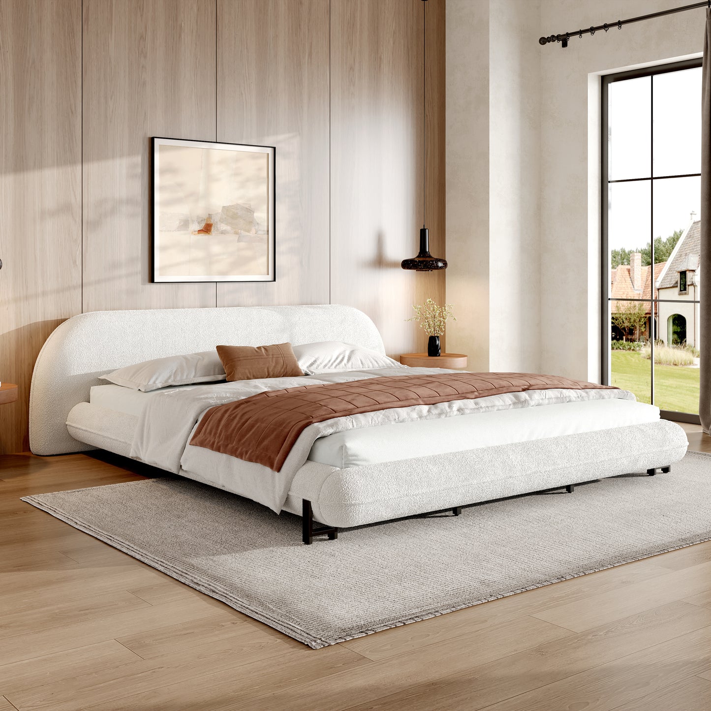 California King Size Bed Frame with Boucle Fabric, Upholstered Platform Bed with Curve-Shaped Design & Thick Headboard, White image 2