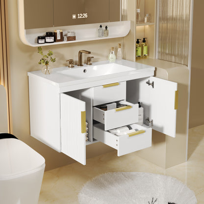 36'' Wall Mounted Bathroom Vanity, Floating Bathroom Storage Cabinet with 2 Drawers, Solid Wood Bathroom Cabinet (Same as N710S236003K) image 3
