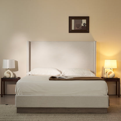 Hosford Upholstered Wingback Bed / Upholstered Wood Base Platform Bed / 52.5" High Headboard / Minimalist / Rusticity / No Box Spring Needed / Queen / Textured Ivory Canvas / No Noise image 1