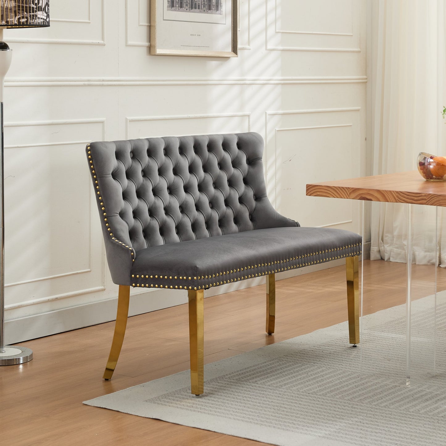 Velvet Double Dining Loveseat Bench, Kitchen & Dining Seating, 2-Seat Tufted Bench w/Handmade Buttons, Wing Back, Gold-Plated Steel Legs, Mid Century Modern,Single Pack,Gray,SW1602GY image 1