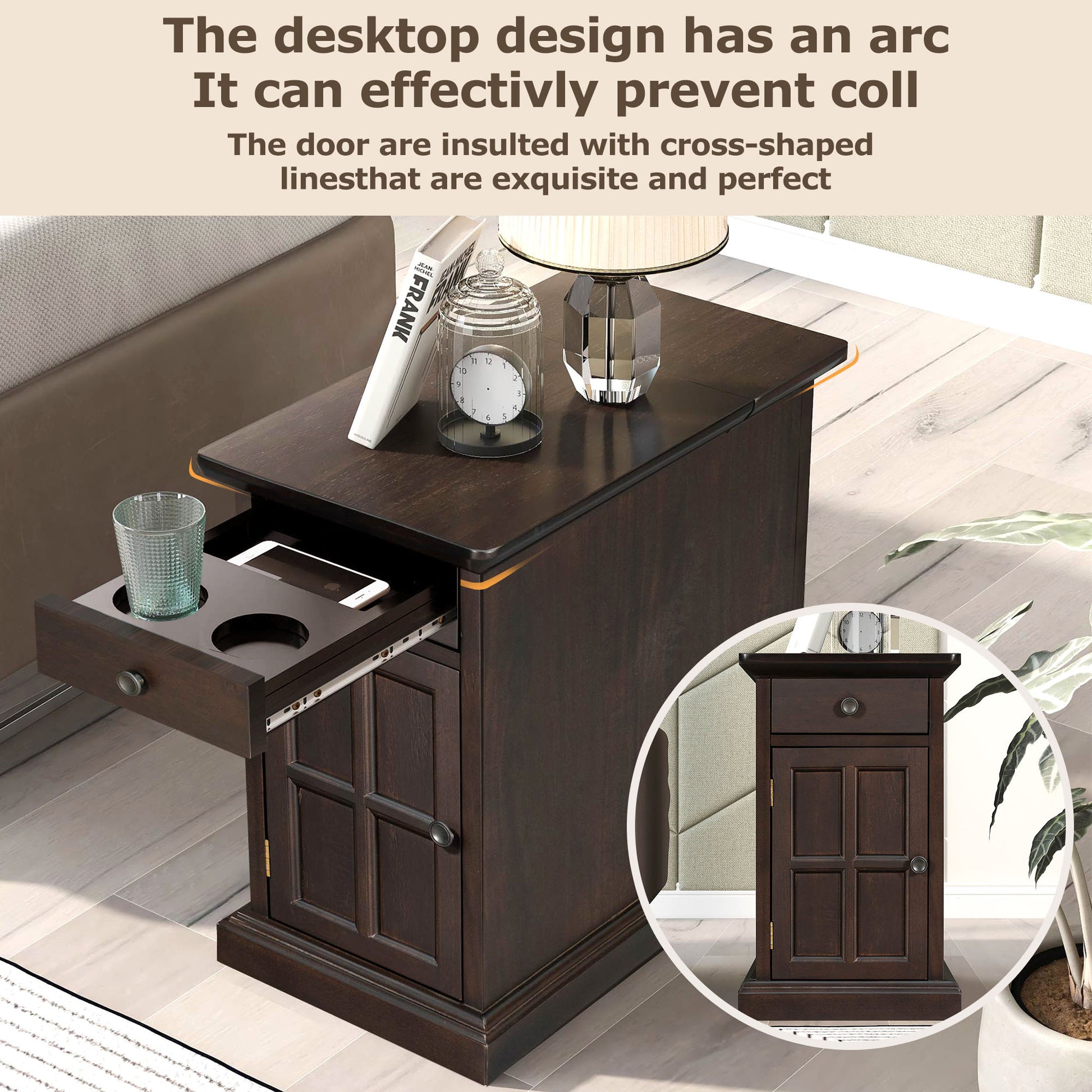 U-Can Classic Vintage Livingroom End Table Side Table with USB Ports and One Multifunctional Drawer with cup holders, Antique Espresso (Old SKU: WF296294AAP) image 4