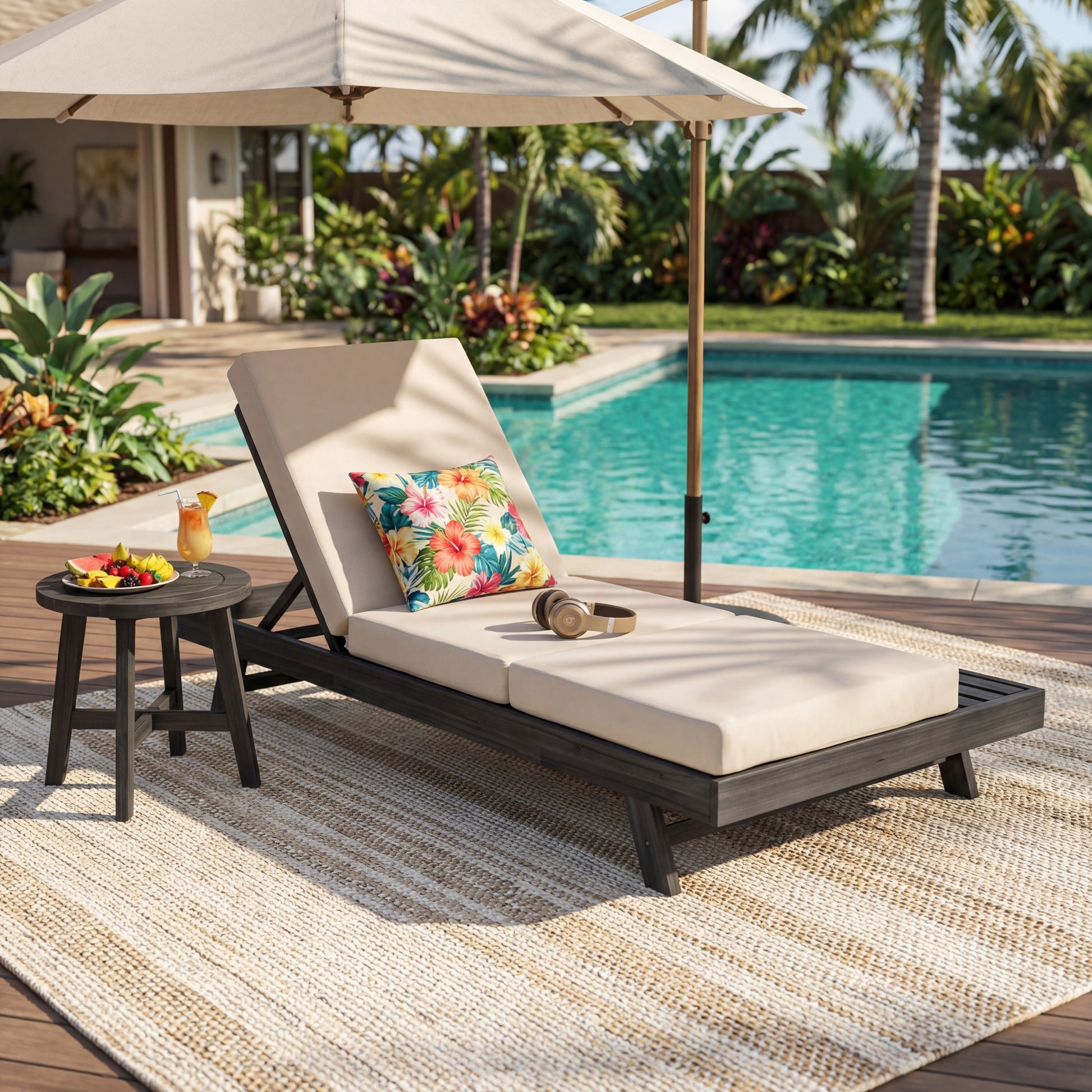 Lounge Chaise Set, Space Available On One Side, Acacia Solid Wood In Black With Lounge Cushion (Cream & Triple Fold) – Matching Dark Grey Version Available image 1