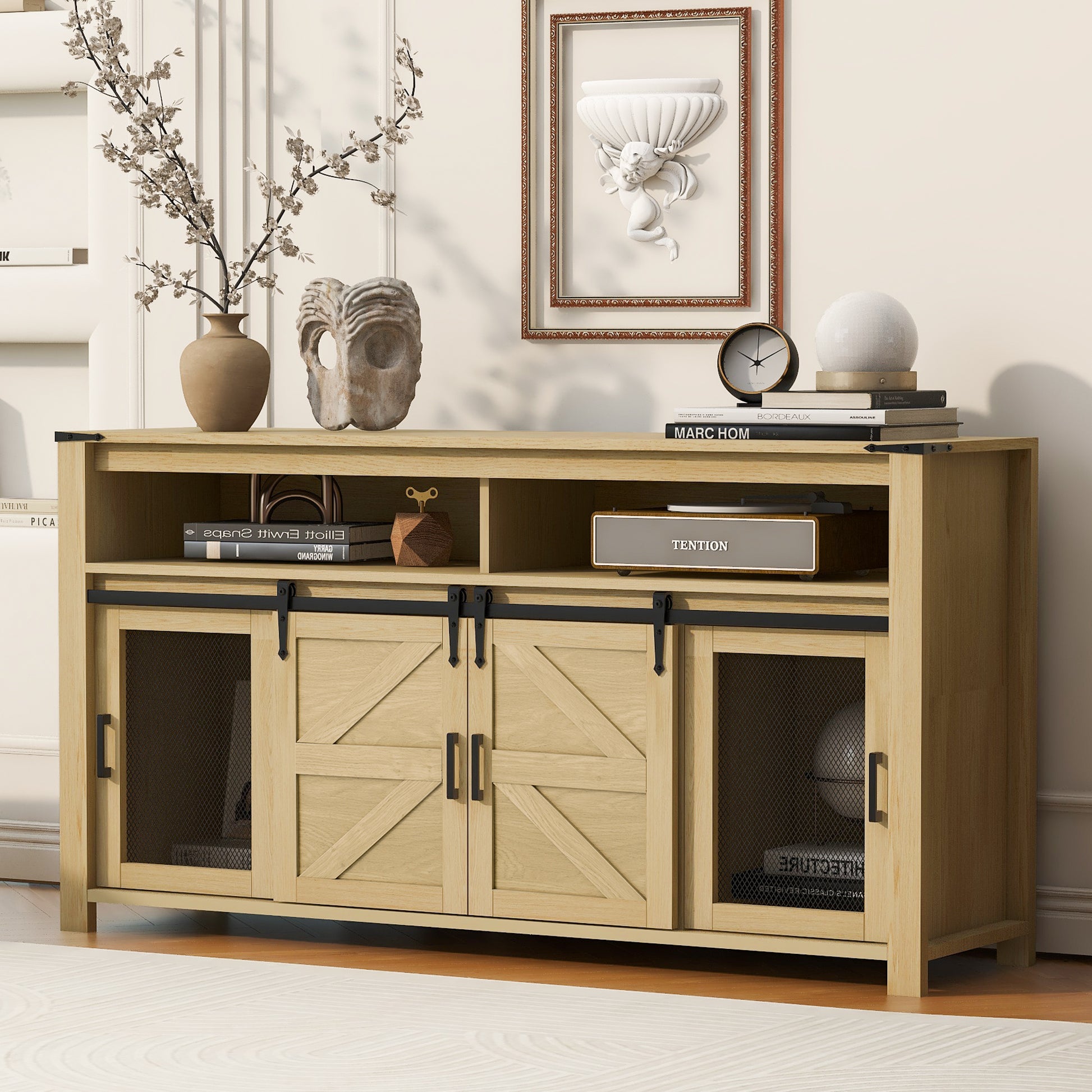 U_STYLE 59.3''Sideboard with Sliding Barn Door and Mesh Panels,Farmhouse Buffet with Open Storage,Suitable for Living Room, Hallway, Balcony,Kitchen, Office image 2