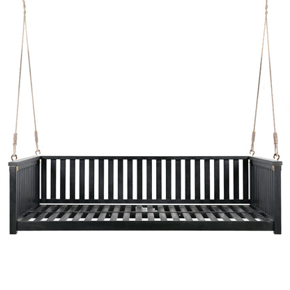 TOPMAX Patio Minimalist Twin Size Garden Swing Bed Wood Porch Swing with Ropes for Backyard, Safe Sloped Design, Black image 10