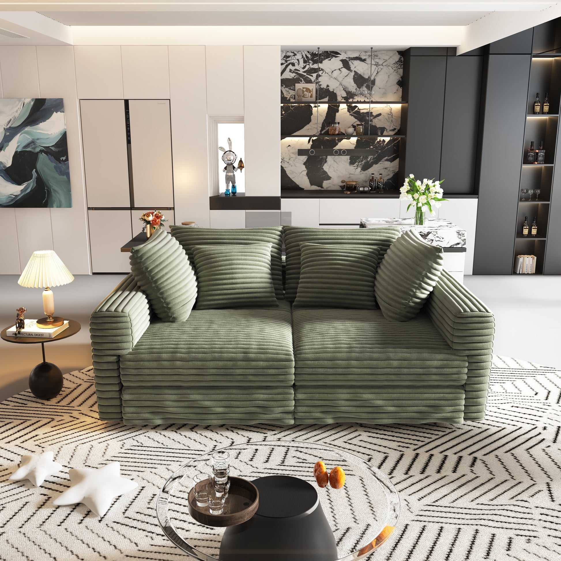 102.4 " Plush Corduroy 4-Seat Sofa,Modern Comfy Upholstered Sofa Cloud Couch,Deep Seat Couches with Soft Pillows,Convertible Deep Seat Sofa Lounge Chair for Apartment,Office,Green(Old Sku:W1885P346910 image 4